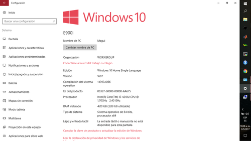Ejemplo de descripción de las características de la compu para un WindowsTM 10