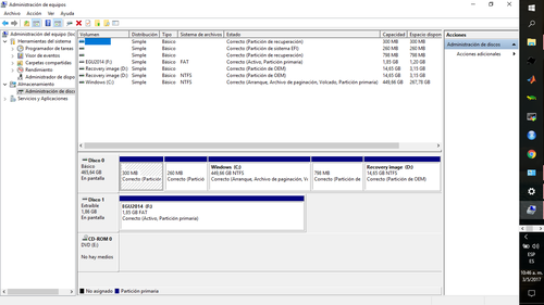 Ejemplo de detalle de los discos de la compu y sus `particiones' (para WindowsTM 10)