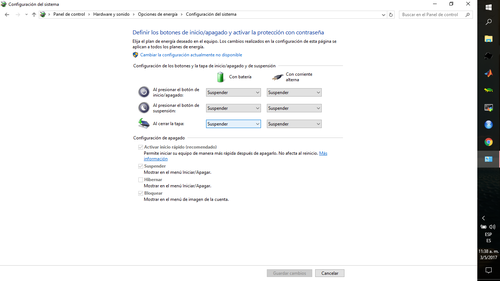 Ejemplo del menú Elegir el comportamiento de los botones de inicio/apagado (para WindowsTM 10)